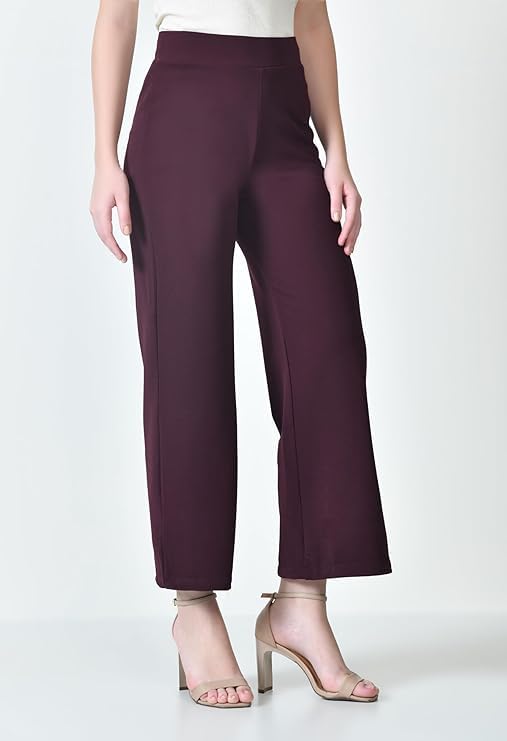 Image of Women's High Waist Straight Fit Trousers,Solid Korean Stretchable Pants for Women, Regular Fit Elastic Waist Full Length Formal Trouser,Casual,Office Wear