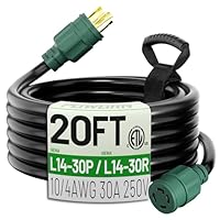 POWGRN 20 FT 30 Amp Generator Extension Cord 4 Prong, Heavy Duty NEMA L14-30P to NEMA L14-30R, 125/250V 7500W, Green 10 Gauge STW Twist Locking House Power Cord, 20 Feet Generator Cable
