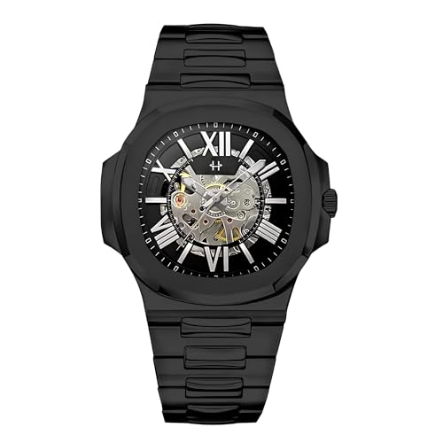 Image of 42MM Automatic Watch For Man, Mechanical Skeleton Roman Dial Black Watch | 30M Waterproof, Self Winding, Luxury Metal Watches Men With Open Back Case And Stainless Steel Chain