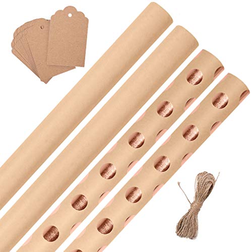 Craft Christmas Wrapping Paper Set - All Occasion Brown Kraft Wrap Kit - 4 Rolls Plus Twine and Gift Cards - Modern Rose Gold Polka Dot Design - Perfect for Birthdays, Weddings, Holidays & More