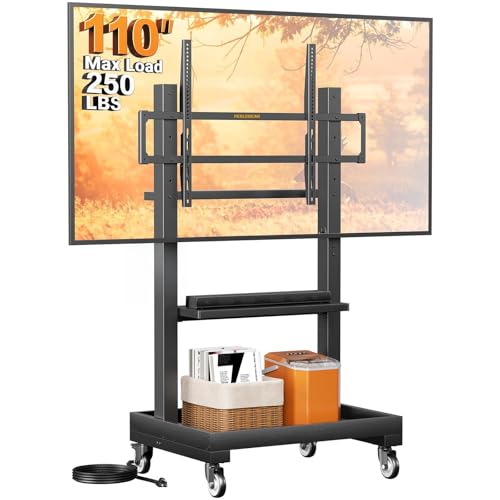 Image of Perlegear Rolling TV Stand for 32 inch-110 inch TVs up to 250 lbs, Outdoor TV Stand with Large Wheels, Handle & Power Outlet, Height Adjustable Mobile TV Cart with Wood Shelf, Max VESA 800x600mm, PGTVMC24B
