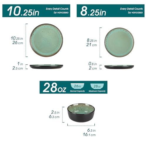 vancasso AMBER Servizio Piatti per 6 Persone, Set Piatti Moderni 18 Pezzi in Gres - 6 Piatti Piani, 6 Piatti Dessert e 6 Ciotole Cereali - Adatto per Lavastoviglie e Microonde - Smalto Verde - immagine 3