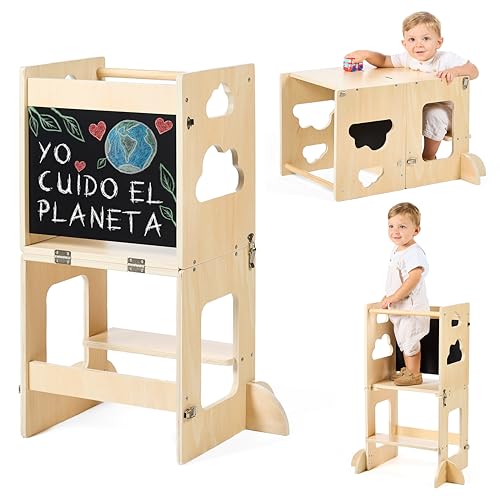 KYWAI® Torre de Aprendizaje Plegable Montessori Premium, Torre Aprendizaje Plegable 3 en 1: Convertible en Escritorio con Pizarra – Marca Comprometida con la Reforestación, Desde 1 Año