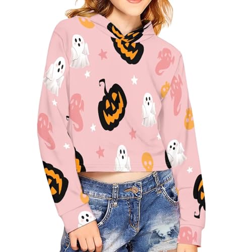 Festival Print Girls Cropped Hoodie, Soft Pullover Sweatshirt for Girl Trendy Short Sleeve Hooded Top,5-14Y