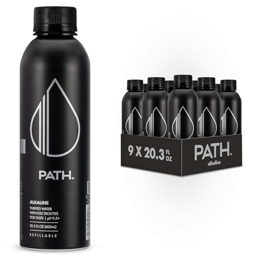 Image of PATH Alkaline Bottled Water - 9.5 pH-Balanced Purified Water with Electrolytes in Aluminum Bottle - BPA-Free, Reusable, Infinitely Recyclable - Pure, Crisp, Refreshing Taste - 25 Fl Oz (Pack of 9)