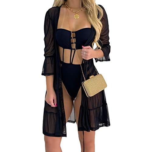 Saída de Praia Kimono Curto Aberta de Amarrar Manga Feminina Preto/G