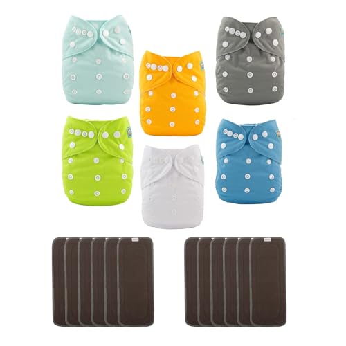 Image of ALVABABY Baby Cloth Diaper 6 Pack with 12 Inserts One Size Cloth Diaper Covers Adjustable Washable Reusable for Baby Girls and Boys