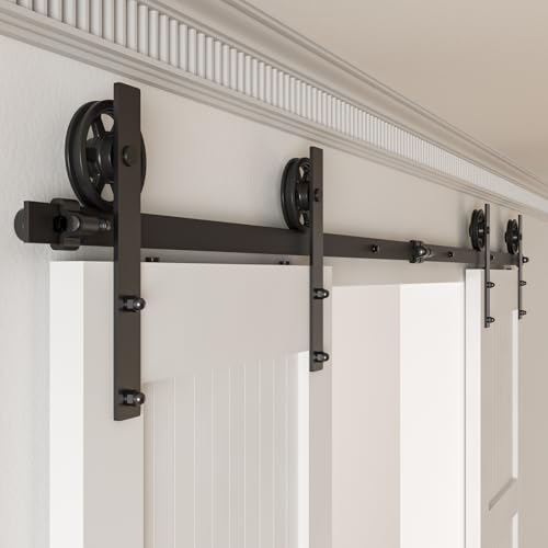 Rail Porte Coulissante Double 305cm Kit Roulette Suspendue Systeme Noir pour 2 Porte Coulissante Interieur 76cm Large, Grande Roue I Forme