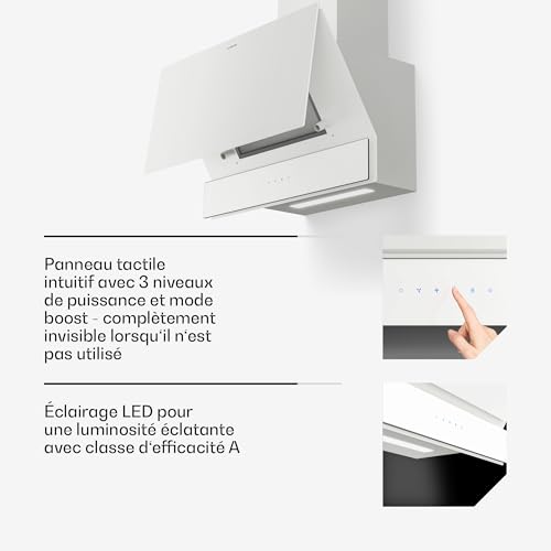 Klarstein Velaire Hotte Aspirante 60 cm - Hotte Décorative, 820 m³/h, LED, Classe A++, Commandes Tactiles, Filtre Charbon, Silencieuse, Cuisine Moderne, Blanc
