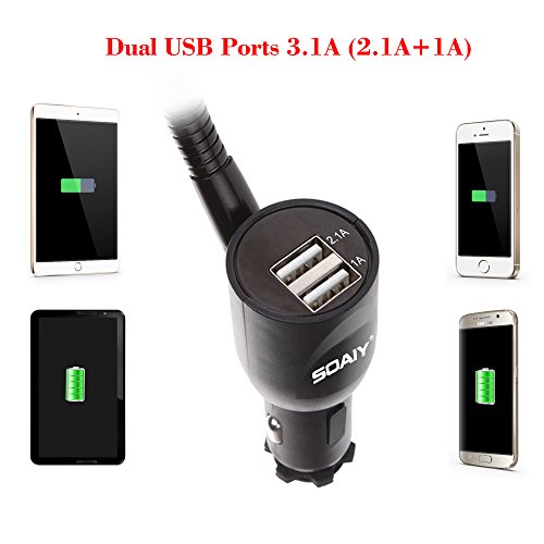 SOAIY 3-in-1 Cigarette Lighter Car Mount + Voltage Detector (Not for Center Console & Window), Dual USB 3.1A Charger with Adjust Gooseneck & 360° Rotating Car Mount Cradle for 1.7-3.7inch Width Phones
