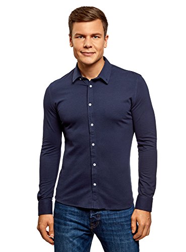 oodji Ultra Hombre Camisa Entallada de Punto, Azul, ?m 0 / ES 52-54 / L