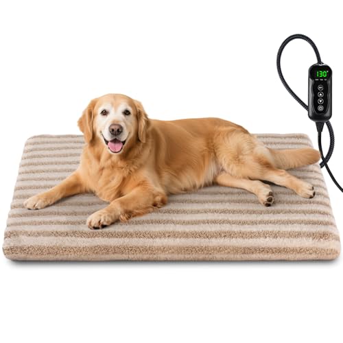 Large Pet Heating Pad Waterproof Heated Dog Cat Bed with 11 Adjustable Temperatures & 24H Timer Auto Shut-Off Chew-Resistant Cord Washable Cover Indoor Electric Heating Mat Beige L(35 x 24)