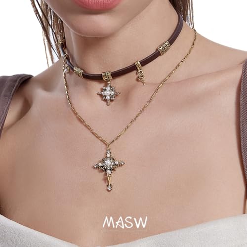 Retro stylish Star Cross Pendant Necklace Faux Leather Women's Collar Personalized Double Layer Necklace M25923