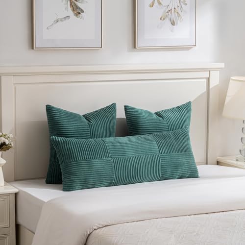 Image of Fancy Homi Set of 2 Teal Boho Long Lumbar Body Decorative Throw Pillow Cover 14x36 Inch for Bed Couch Bedroom Bench, Soft Patchwork Corduroy Textured Pillow Case, Rustic Farmhouse Room Decor