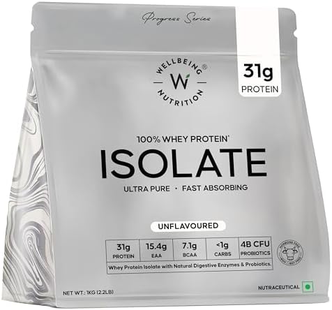 Wellbeing Nutrition Whey Protein Isolate 1kg Unflavoured | 31g Protein, 7.1g BCAA | 4B CFU Probiotics & Natural Digestive Enzymes | Fast Absorbing, No Bloating, Easy to Digest | Faster Muscle Recovery