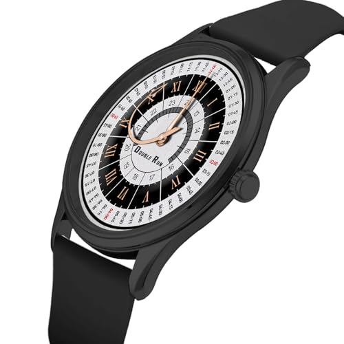Image of DOUBLERUN Black Case Silicone Strap, 24-Hour Display, Roman Numerals, Analog Watch
