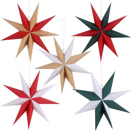Image of 12 Inches 5 PCS Cindy Paper Star Lanterns Red Green White Christmas Party Decorations Hanging Stars Christmas Party Decorations Wedding Birthday Christmas Home Party Decorations(9 Pointed)