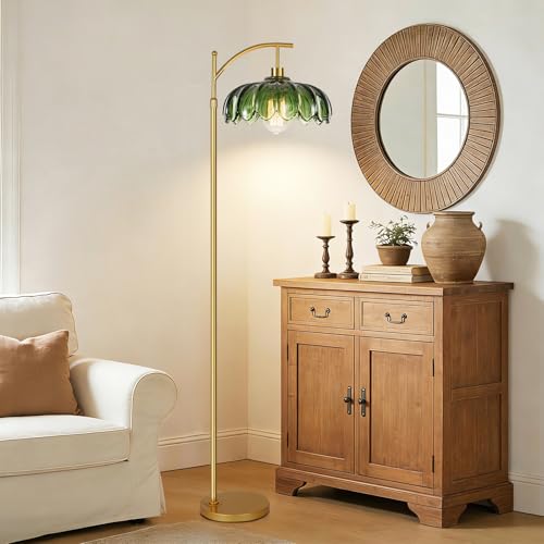 Image of QIYIZM Glass Floor Lamp for Living Room,Bedroom,Gold Dimmable Standing Lamp with Remote,Mid Century Modern Brass Tall Lamp Boho Vintage Retro Floor Lamps Arc Green Flower Floor Light Lamp Bohemian