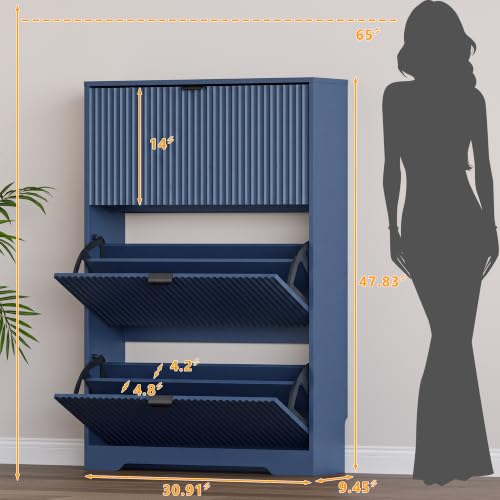 Image of BORNOON Entryway Shoe Cabinet with 3 Flip Drawers, Narrow Shoe Organizer Cabinet with Fluted Panel and Adjustable Shelves for Foyer, Hallway