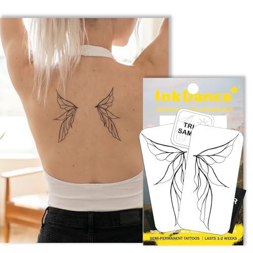 InkDance Semi-Permanent Tattoo, Minimalist Angel Wings, Long Lasting Temporary Tattoos for Women, Waterproof Plant-Based Ink, Lasts 1-2 Weeks, Color Develops in 24 Hours D328