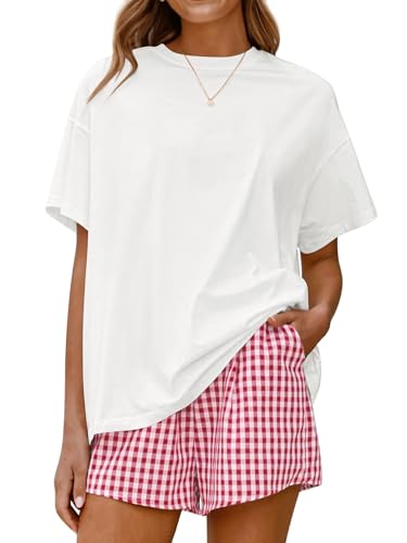 Image of LOGENE Women Two Piece Lounge Pajamas Set Oversized T-Shirts & Boxer Plaid Shorts 2026 Summer Casual Loungewear Comfy Outfits