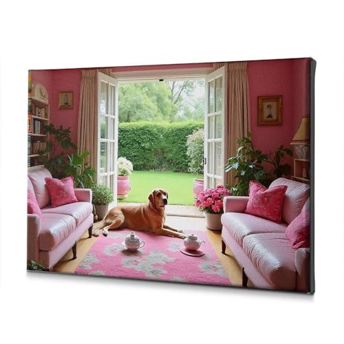 Toile de Pâques salon rose : évadez-vous avec sa vue sur pelouse verte