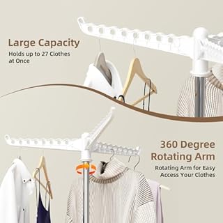 PAVSTINE Étendoir Pliable, Portant avec 3 Ailes Pliables et Bras Rotatif, Acier Inoxydable Étendage, Séchoir pour Intérieur et Extérieur, 4 Pieds, Blanc