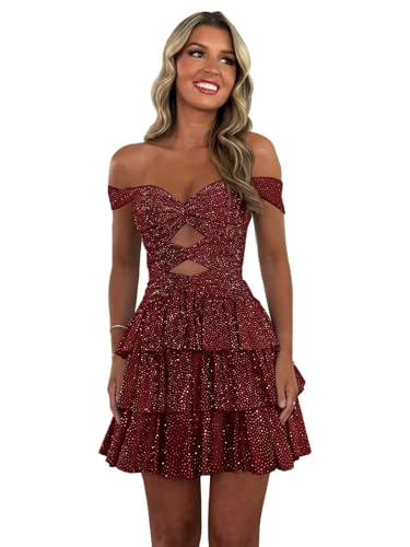 Cudiew Sequin Corset Homecoming Dresses Saprkly Off Shoulder Tiered HOCO Dress for Teens Short Cocktail Party Gown