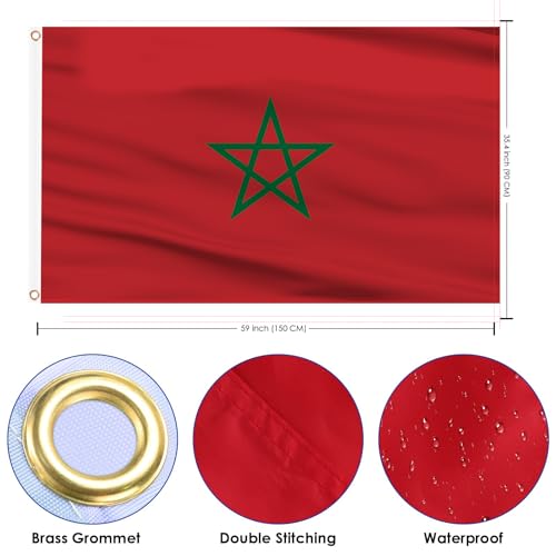 Image of AhfuLife Morocco Flag 3x5 Ft 2 PCS, Large Morocco National Flags for Outside - Double Side with Brass Eyelets for World Cup Party Decorations, Soccer Party Bar Garden Decoration Indoor Outdoor