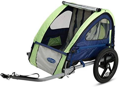 InStep Sync Kids Bike Trailer, Tow Behind Child Carrier, Foldable and Compact, Easy Storage, Bug Screen and Weather Shield Canopy, Safety Flag, 16-Inch Wheels, Double Seat, Blue/Green