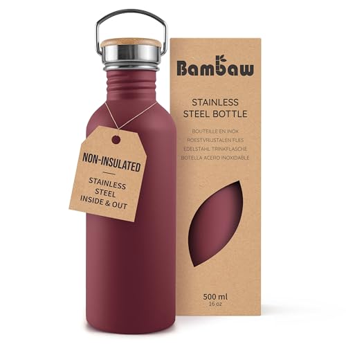 Image of Bambaw 16 oz Water Bottle Non-insulated, Metal Water Bottle Red, Single Walled Stainless Steel Water Bottle, Leak Proof Water Bottle for School, BPA Free Water Bottle no Straw - Red Berry