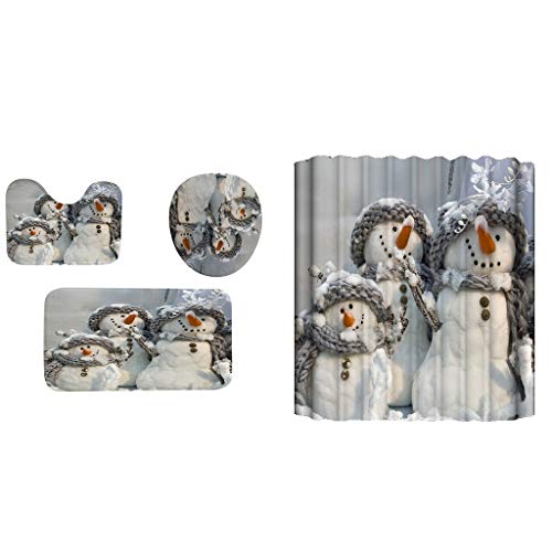 YunZyun Ornaments for Christmas, 4Pcs Christmas Shower Curtain Bathroom Anti-Slip Carpet Rug Toilet