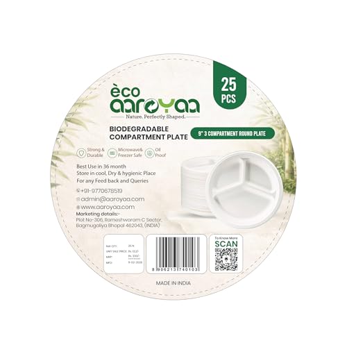 Image of Eco Aaroyaa 9-Inch Bagasse 3-Compartment Plates - Eco-Friendly Disposable Sugarcane Plates, Strong Oil & Water Resistant Section Plates for Meals, Parties, Catering, Events & Food Serving (Pack of 25)