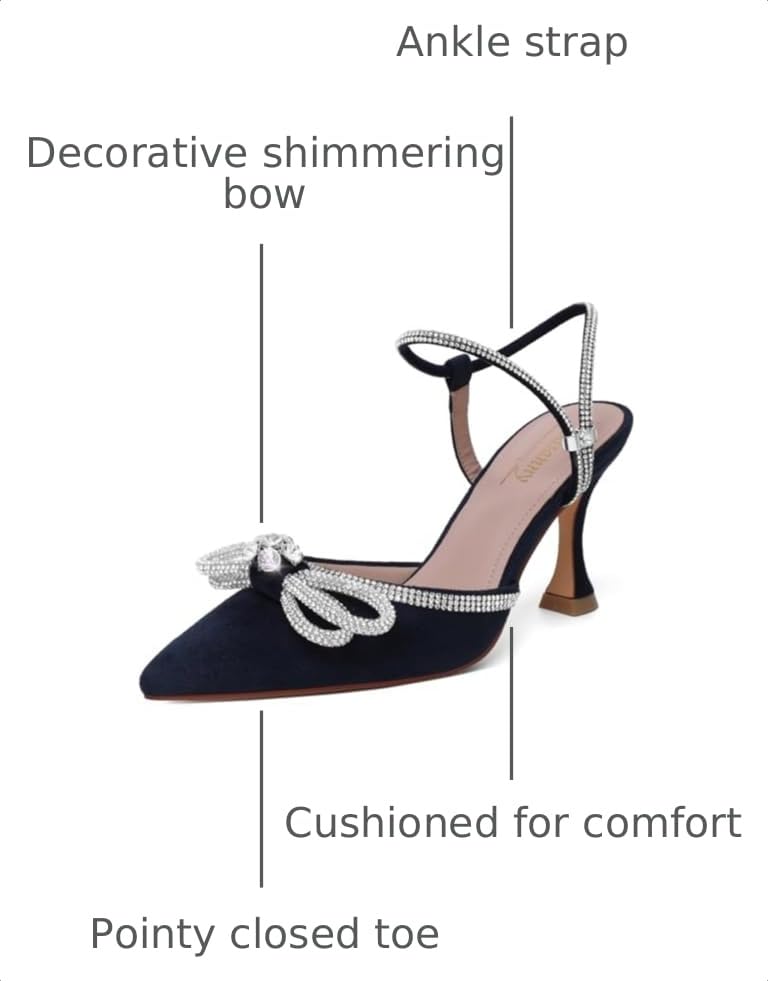 Image of Susanny Women's Closed Toe Rhinstone Wedding Low Heel Slingback Clear Kitten Heels,Adjustable Strap Pointed Toe Bow Pumps High Heeled Prom Dress Shoes