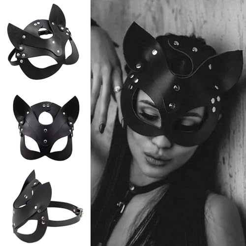 vickkt Women Cat Mask Sexy Leather Eye Mask Half Face Masquerade Mask Cosplay Costume Props for Halloween Mardi Gras Carnival Party (Black), 8.7*7.5in