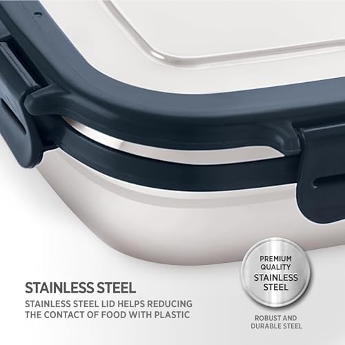 Image of Dhara Stainless Steel Blaze Tiffin Box for School, 800ml Airtight Lunch Box 600ml with Mini Container 200ml and Spoon - Navy Blue
