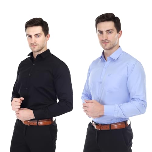 Image of Men's Solid Cotton Blend Formal Shirt with Pocket | Plain Design with Spread Collar & Full Sleeves - Regular Fit (Pack of 2)