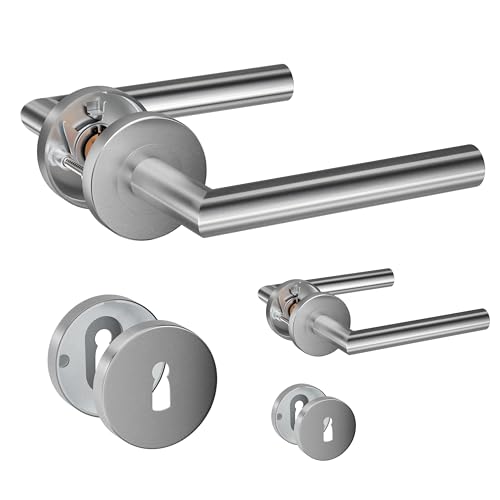 HENYIN Lot de 2 poignées de porte à levier en acier inoxydable avec écusson de trou de serrure, poignée de serrure de porte à mortaise, couleur argent (SO2-103K-2)