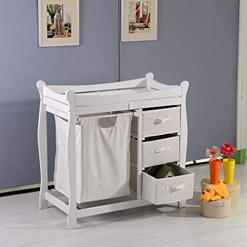 Baby Changing Table, Infant Diaper Changing Table Organization, Diaper Storage Nursery Station with Hamper and 3 Baskets (Color : Wood) (White)