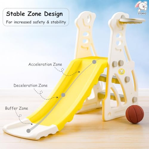 Image of Storio Kids Slide with Basketball Hoop Penguin Theme - Indoor & Outdoor Slide for Kids Ages 2-4 | White & Yellow | Safe, Sturdy & Fun Playset | Easy Assembly Toddler Slide for Boys & Girls
