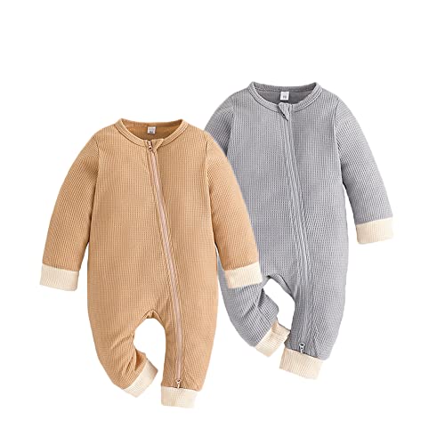 Image of Feidoog Baby Boys Girls 2 Pack Solid Romper Zipper Long Sleeve One-Piece Jumpsuit Outfits Clothes Sets,Gray+Khaki,0-3M