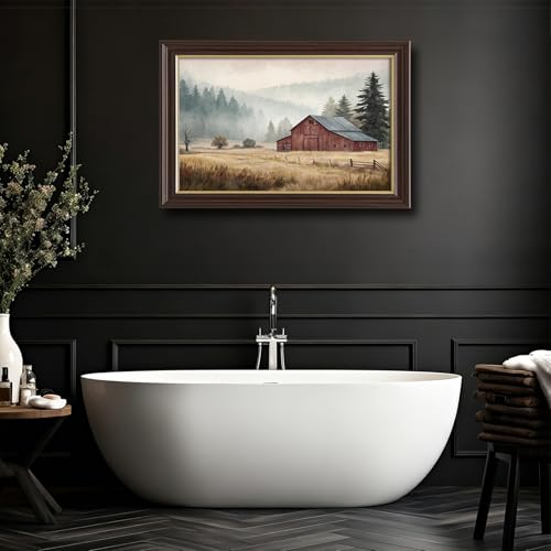 Image of Antique Framed Red Barn Canvas Art, Misty Mountain Farmhouse Landscape Canvas Prints, Vintage Watercolor Wall Decor Pictures for Living Room Bedroom Bathroom