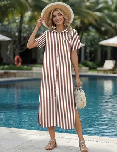Image of HOTOUCH Womens Dress Summer Casual Midi Short Sleeve Button Down Shirt Dresses Loose Beach Cover Up with Pockets