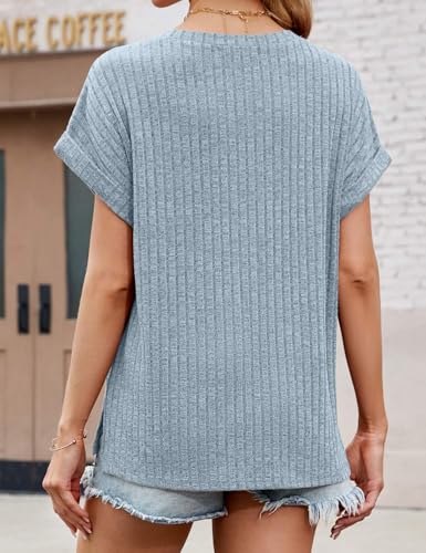 JUSTFASHIONNOW Summer Outfits for Women 2026 V Neck Short Sleeve Shirts Trendy Side Split Basic Tees Dressy Casual Clothes Blue S — view 5