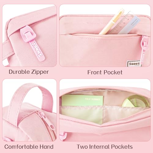 Image of Sooez Original High Capacity Pencil Case, Big Pencil Bag Pouch Box Organizer Pen Case, Aesthetic Supply for Girls Adults, Portable Journaling Supplies with Easy Grip Handle & Loop, Pink