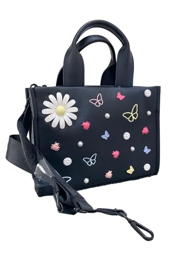 Betsey Johnson XO Nora Black Faux Leather 3D And Embroidered Charms Small Top Handle Tote Shoulder Bag Includes 3D Daisies, Butterflies, Lady Bugs, White Floral Charms With Silver Tone Ball Studs4