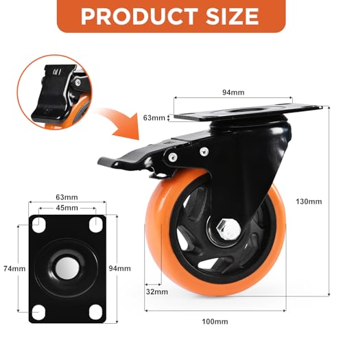 Caster Wheels, Heavy Duty 4 Inch Casters Set of 4, Locking Swivel Casters Wheels for Cart, Furniture and Workbench, Orange
