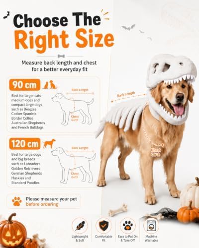 Pet Dinosaur T-Rex Skeleton Halloween Costume for Dogs and Cats (White, 35.4 in) - 2