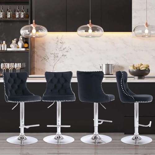 Set de 4 Butacos Giratorios de Barra de Terciopelo de 33" con Respaldo, Altura Ajustable, Sillas Modernas Tapizadas con Patas Plateadas para Isla de Cocina, Barra y Comedor (Negro y Patas Plateadas) miniatura 6
