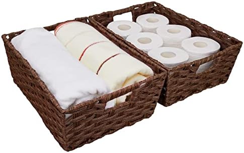 Onlytak Large Wicker Storage Basket, Metal Frame, Set of 2, Washable Waterproof, 15" x 10.3" x 5.2", Brown Color, Woven Basket for Pantry, Toilet, Bathroom, Bedroom, Patio